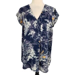 SALE Le Serein Floral Short Sleeve Crepe Blouse V Neckline